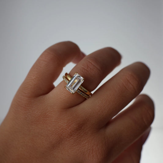 3 ct elongated emerald cut ring in gold vermeil
