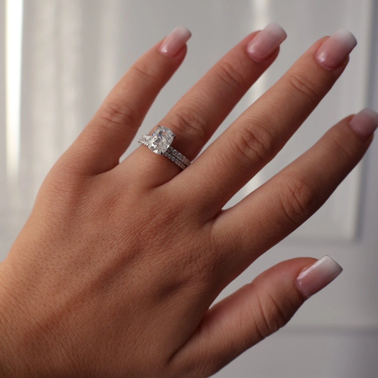 3ct crushed ice elongated cushion moissanite ring in silver