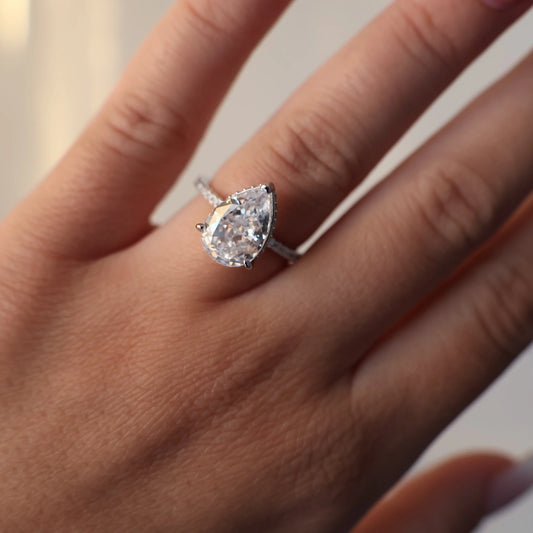 3 carat pear shaped pavé ring in silver