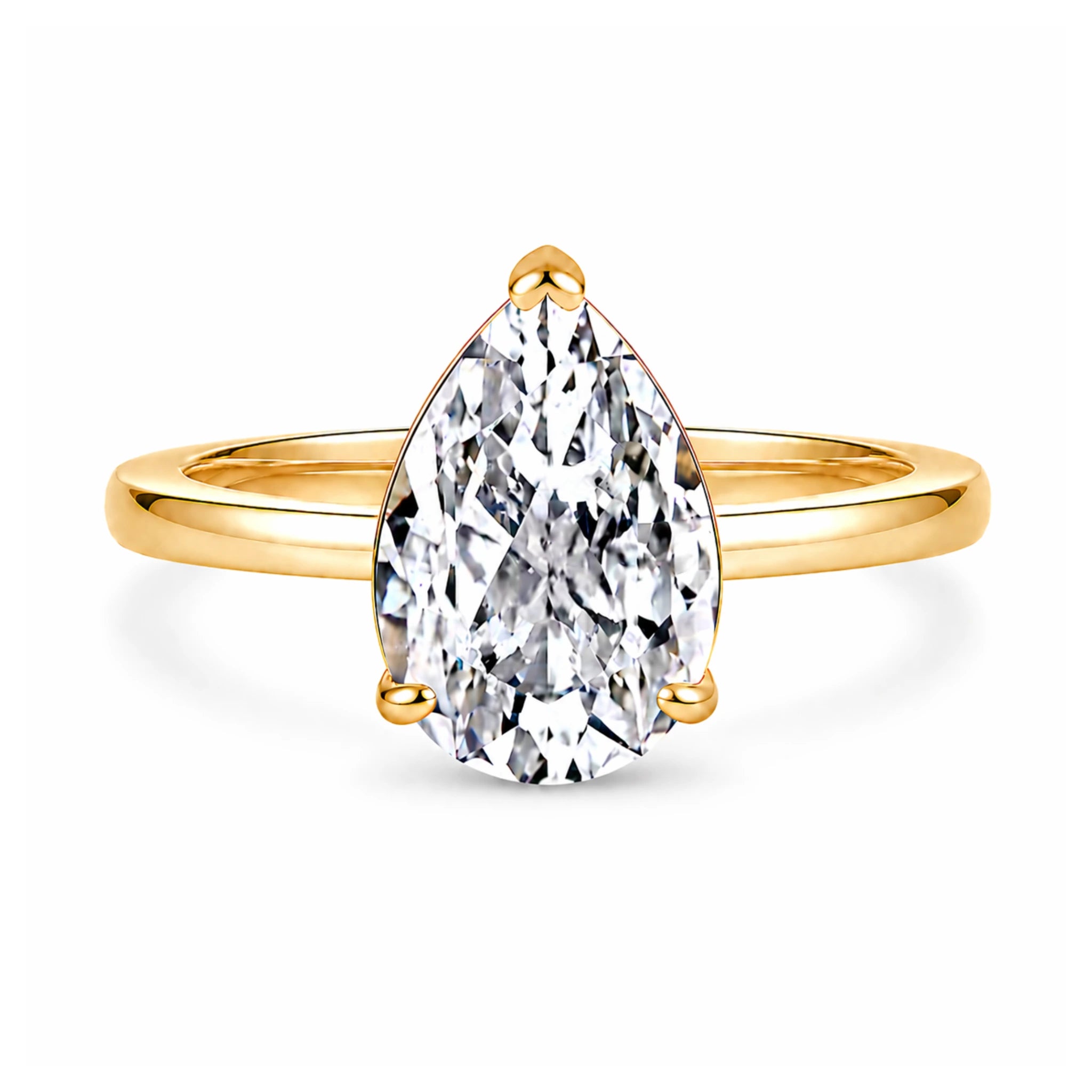 3 carat pear cut cubic zirconia solitaire ring in gold on a white background