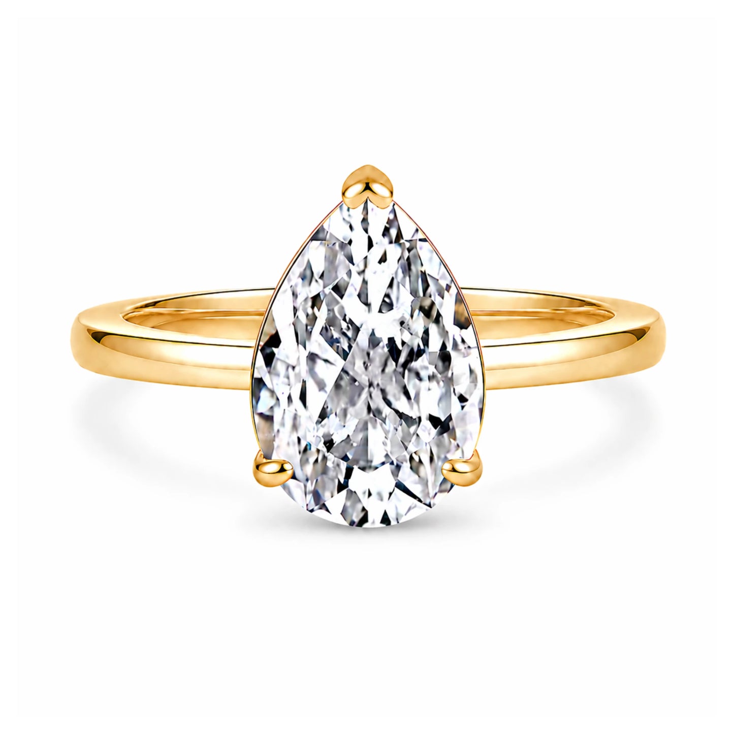 3 carat pear cut cubic zirconia solitaire ring in gold on a white background