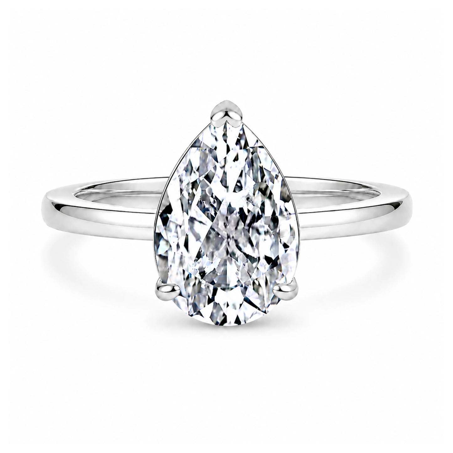 3 carat pear cut cubic zirconia solitaire ring in silver on a white background