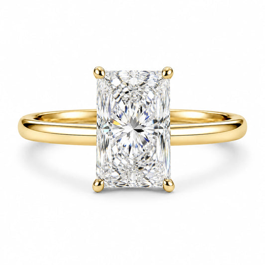 3 carat radiant cut moissanite ring in 14k gold filled with hidden halo