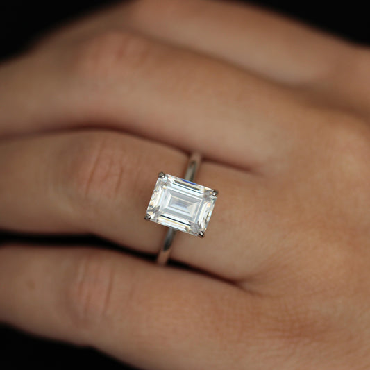 4 carat emerald ring in silver on model finger