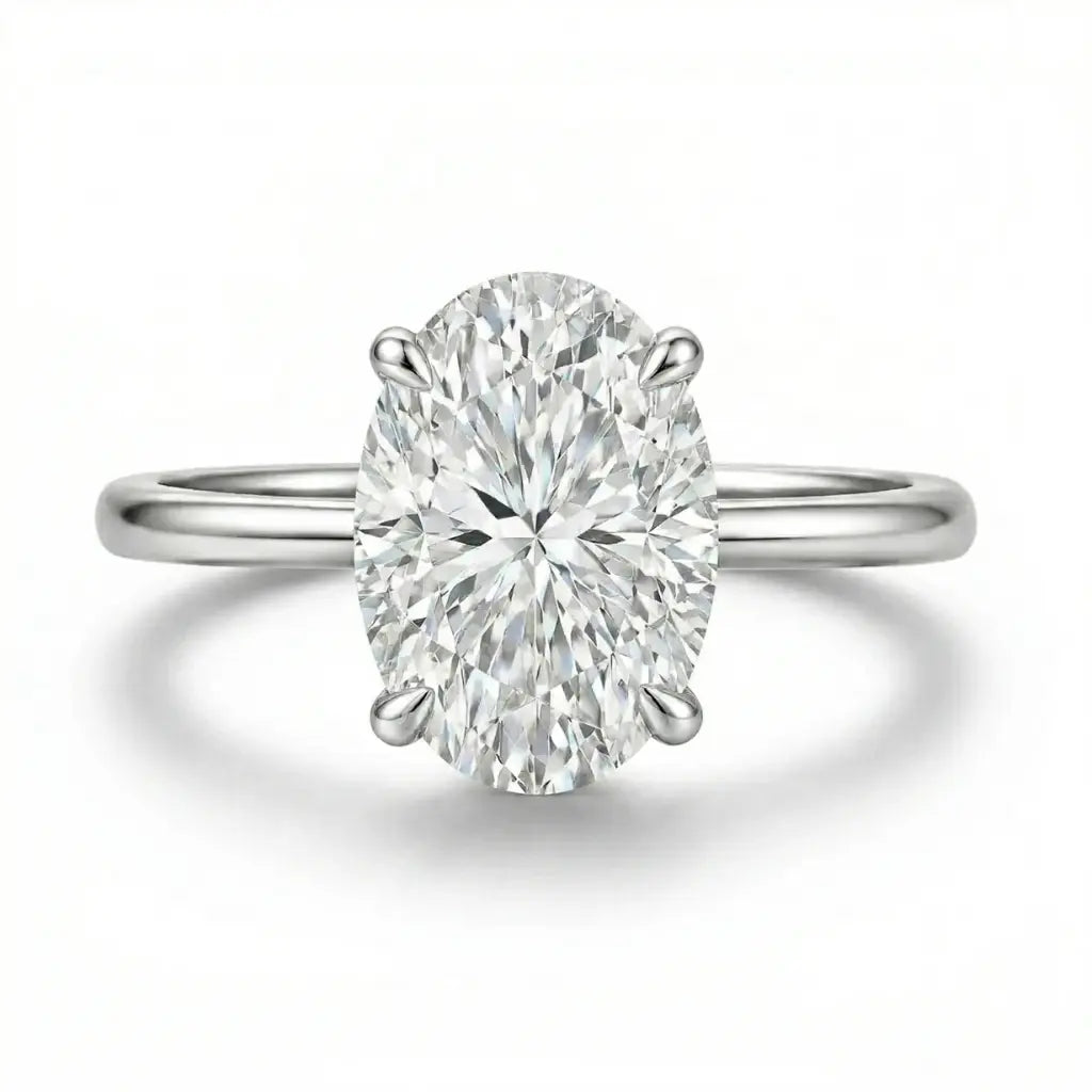 4ct oval moissanite ring with hidden halo on white background