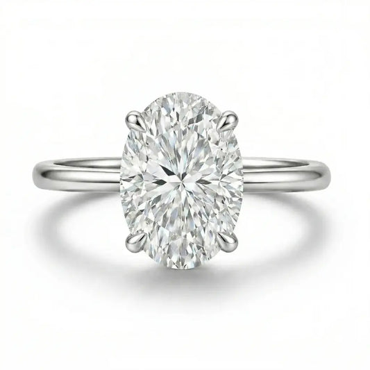 4ct oval moissanite ring with hidden halo on white background