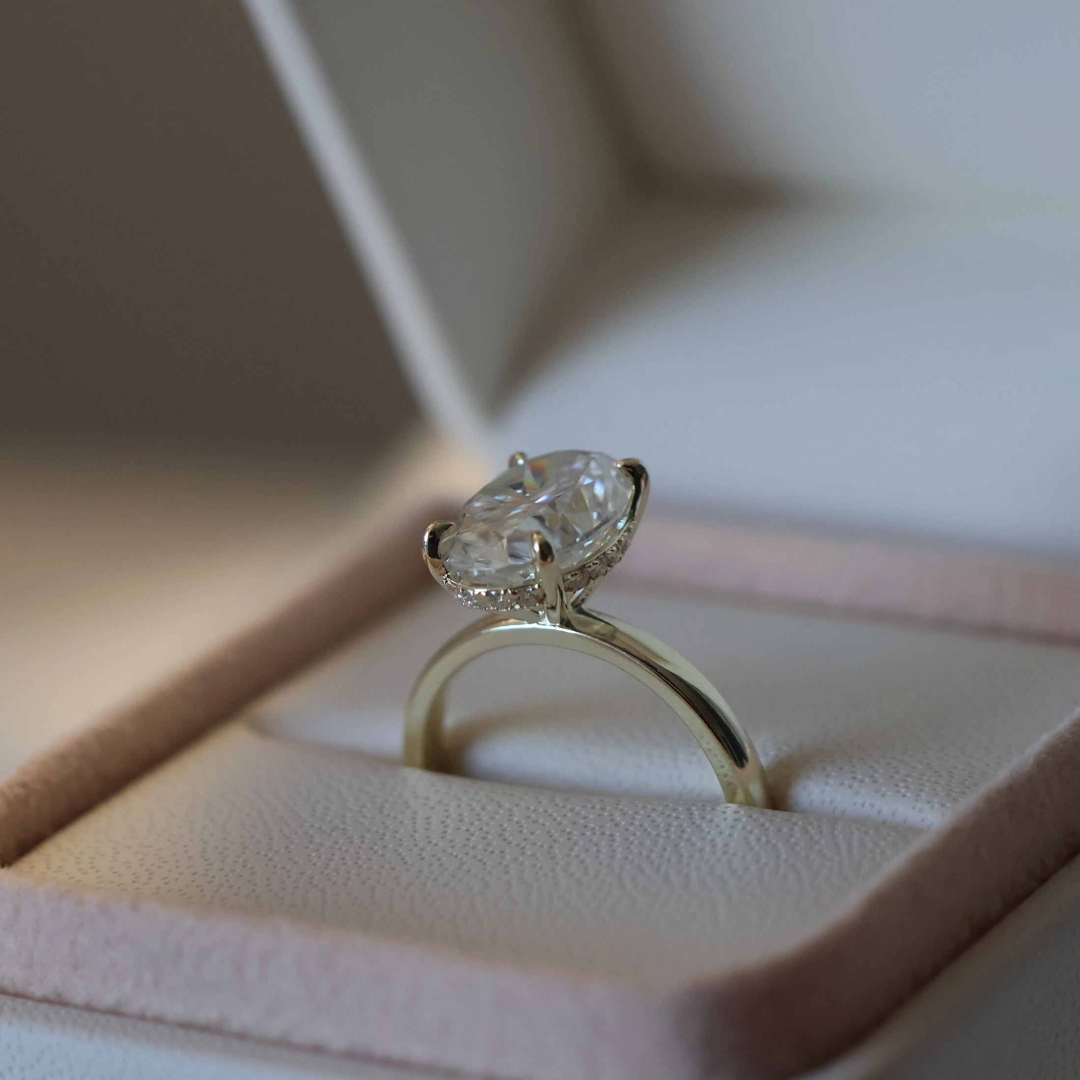 4 carat oval moissanite hidden halo ring with 14K gold filled setting