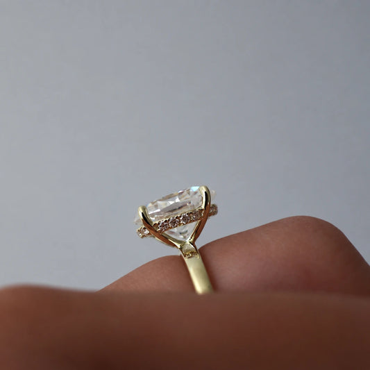 4 carat oval hidden halo moissanite engagement ring in 18K gold filled