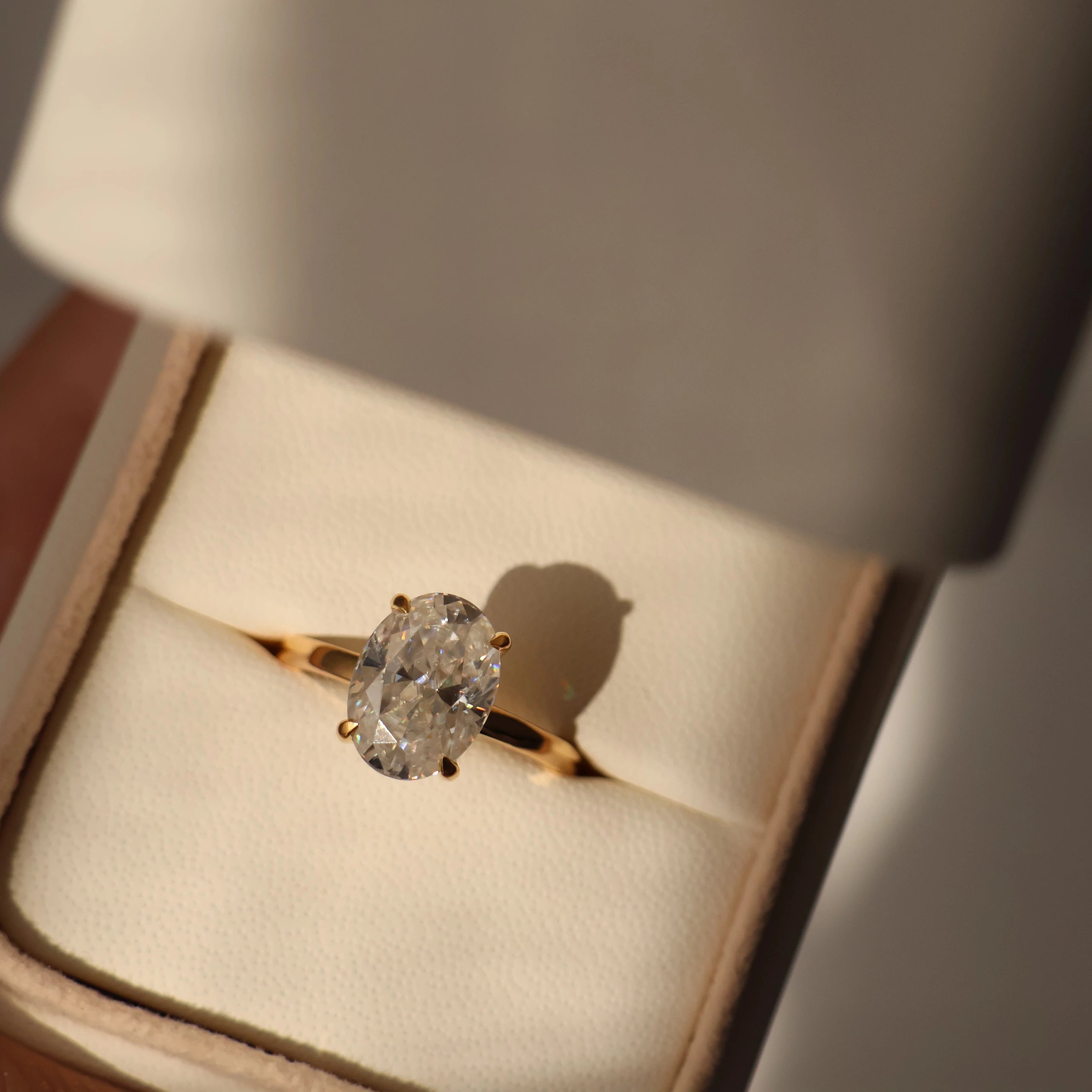 4 carat oval moissanite ring with hidden halo in 18K gold filled