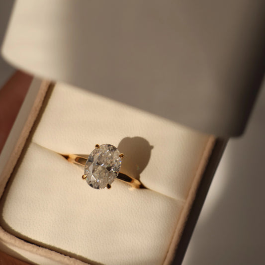 4 carat oval moissanite ring with hidden halo in 18K gold filled