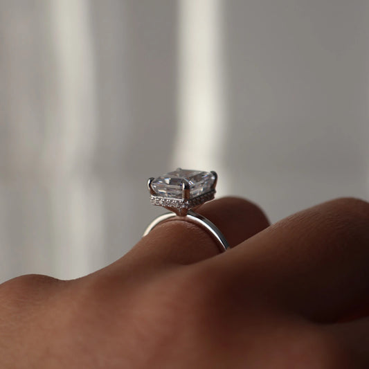 4 carat radiant cut engagement ring silver hidden halo