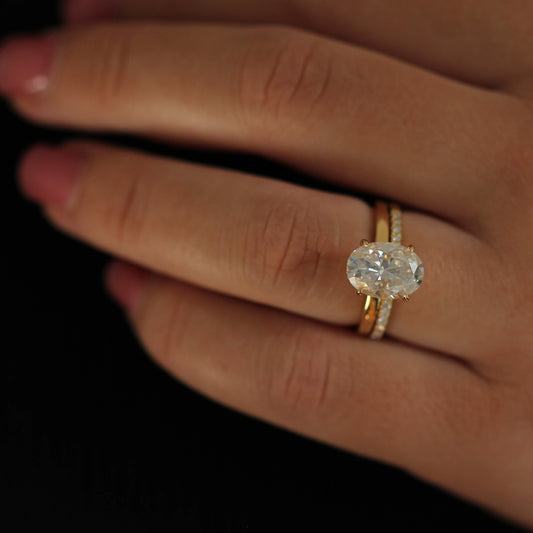 4 carat elongated oval moissanite ring in 14k gold filled