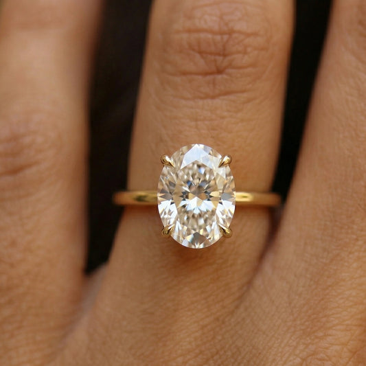 4 carat oval hidden halo moissanite engagement ring in 14k gold filled