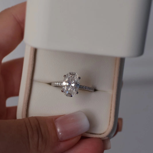 4 ct oval moissanite silver ring with hidden halo in proposal ring box
