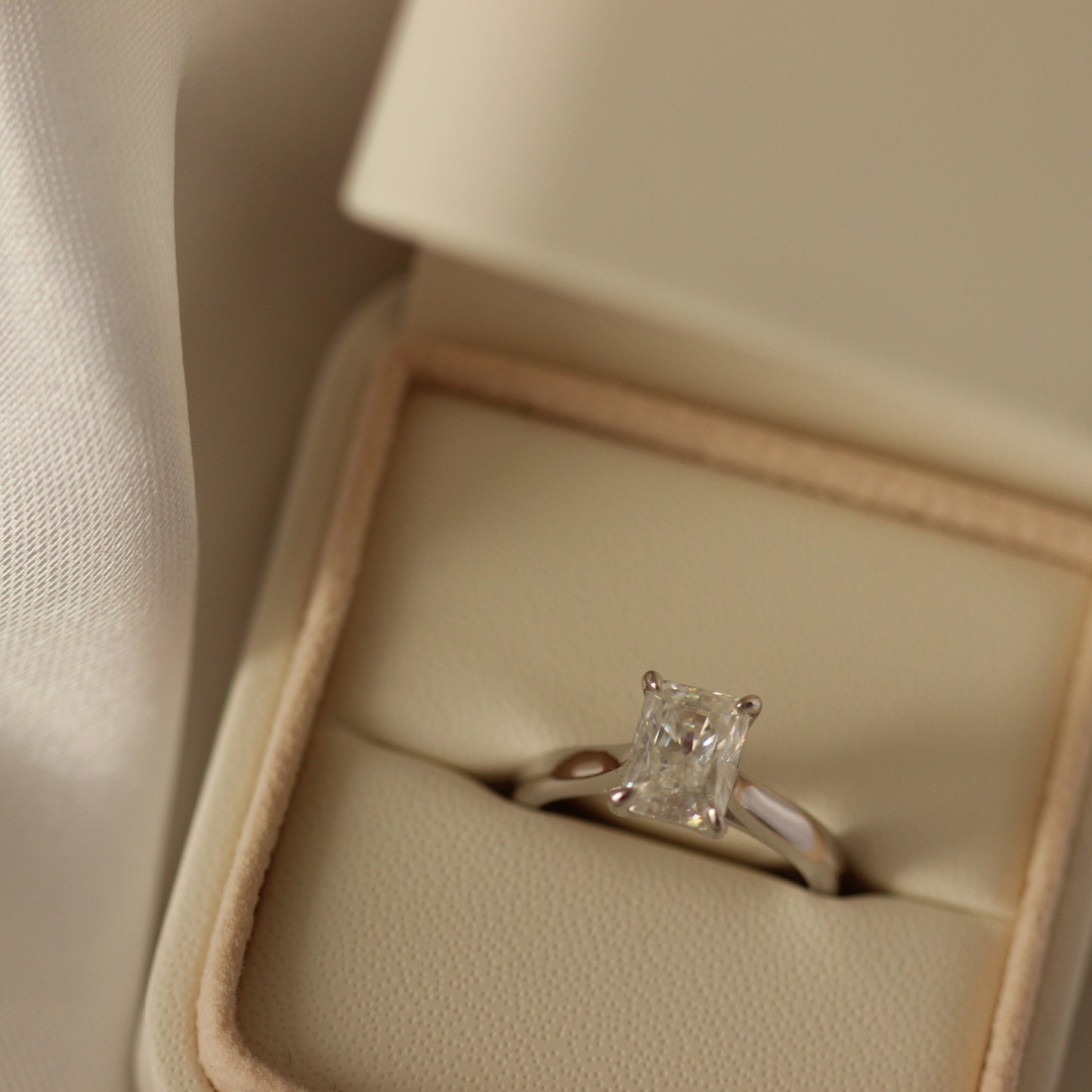 2 carat radiant cut moissanite ring in proposal box
