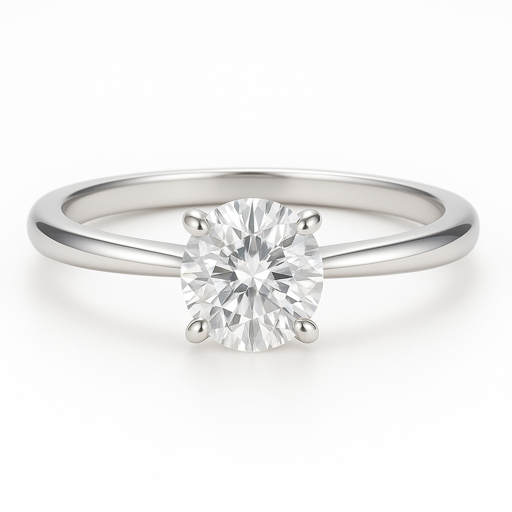 Round cut moissanite ring on white background