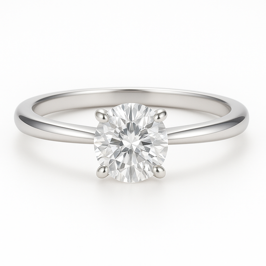 Round cut moissanite ring on white background