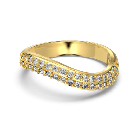 curved pave gold ring on white background