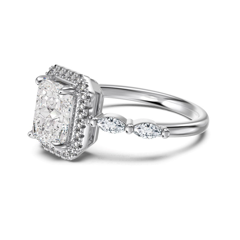 radiant cut halo ring with marquise stones on silver band