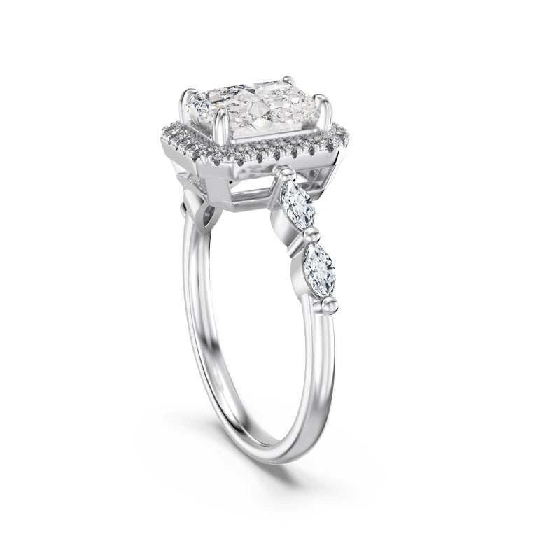 radiant cut halo ring with marquise stones on silver band