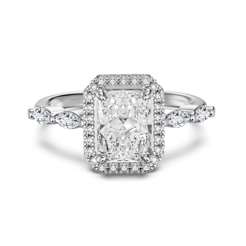 radiant cut halo ring with marquise stones on silver band