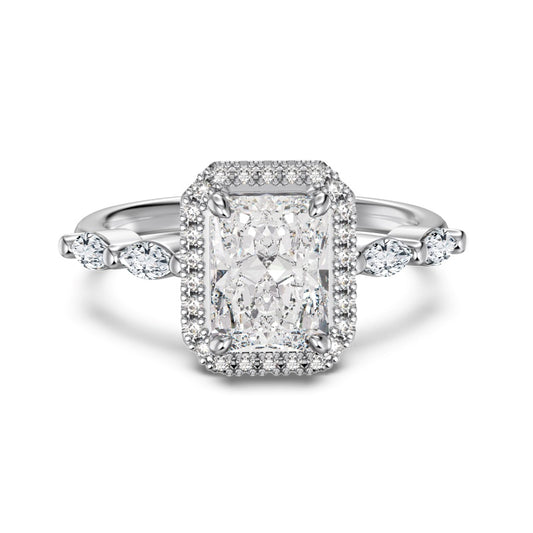 radiant cut halo ring with marquise size stones on silver band