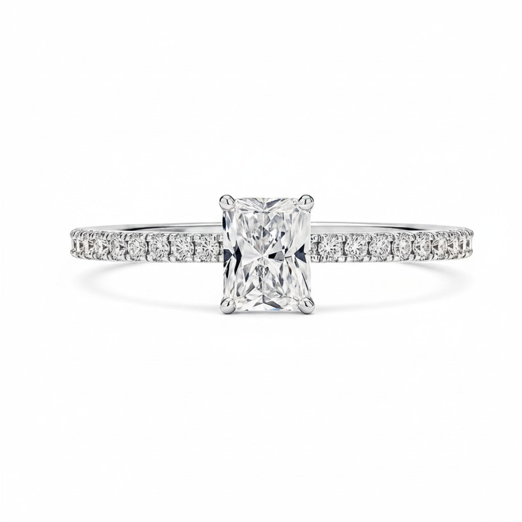 silver 1 ct radiant cut moissanite ring on white background