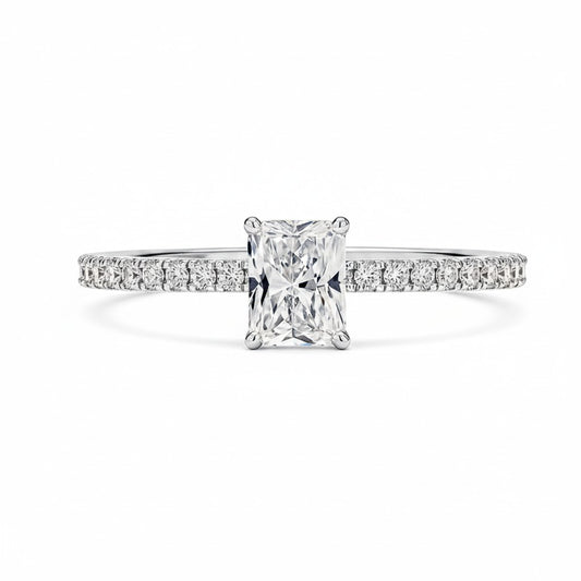 silver 1 ct radiant cut moissanite ring on white background