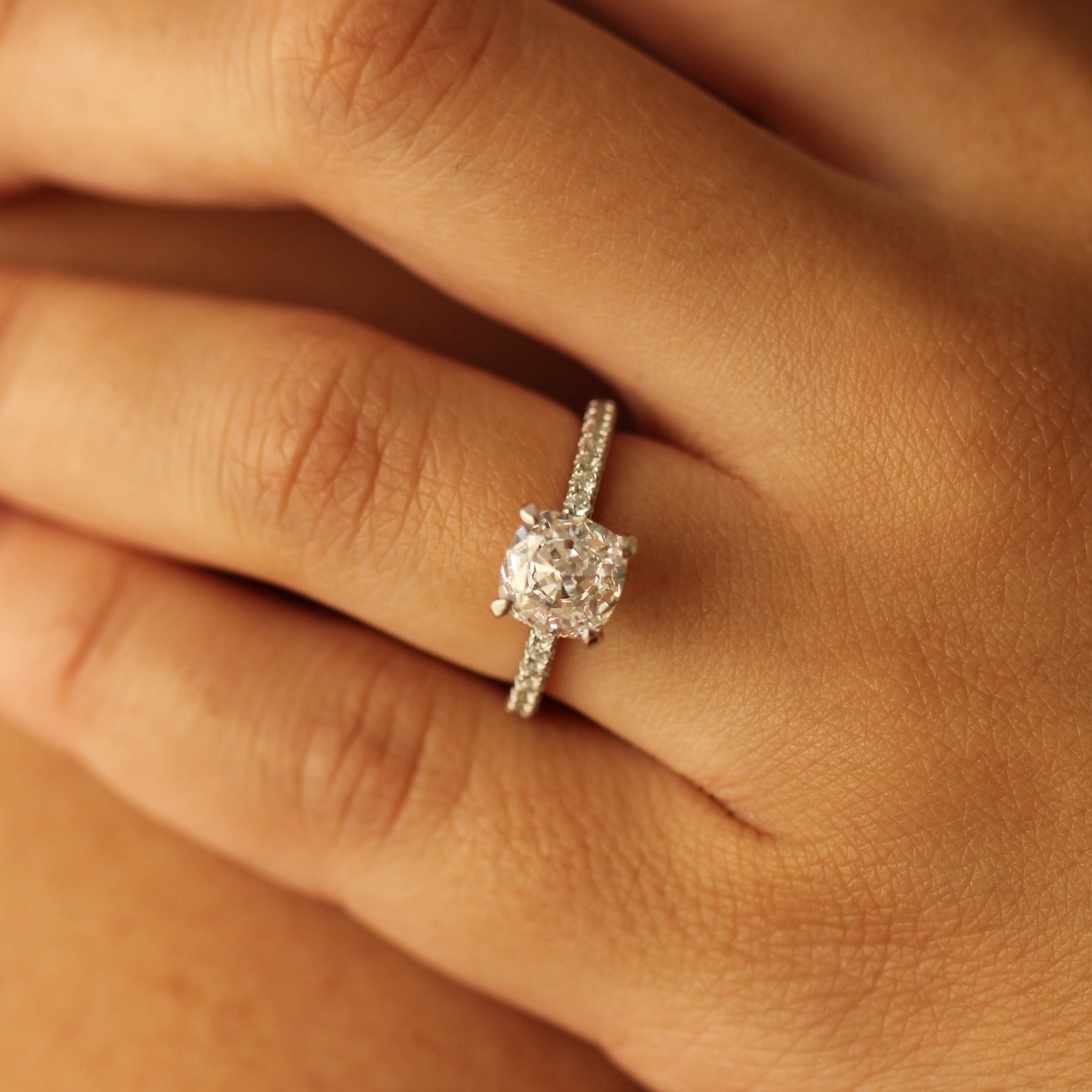 Florence 2 carat Cushion Ring on hand