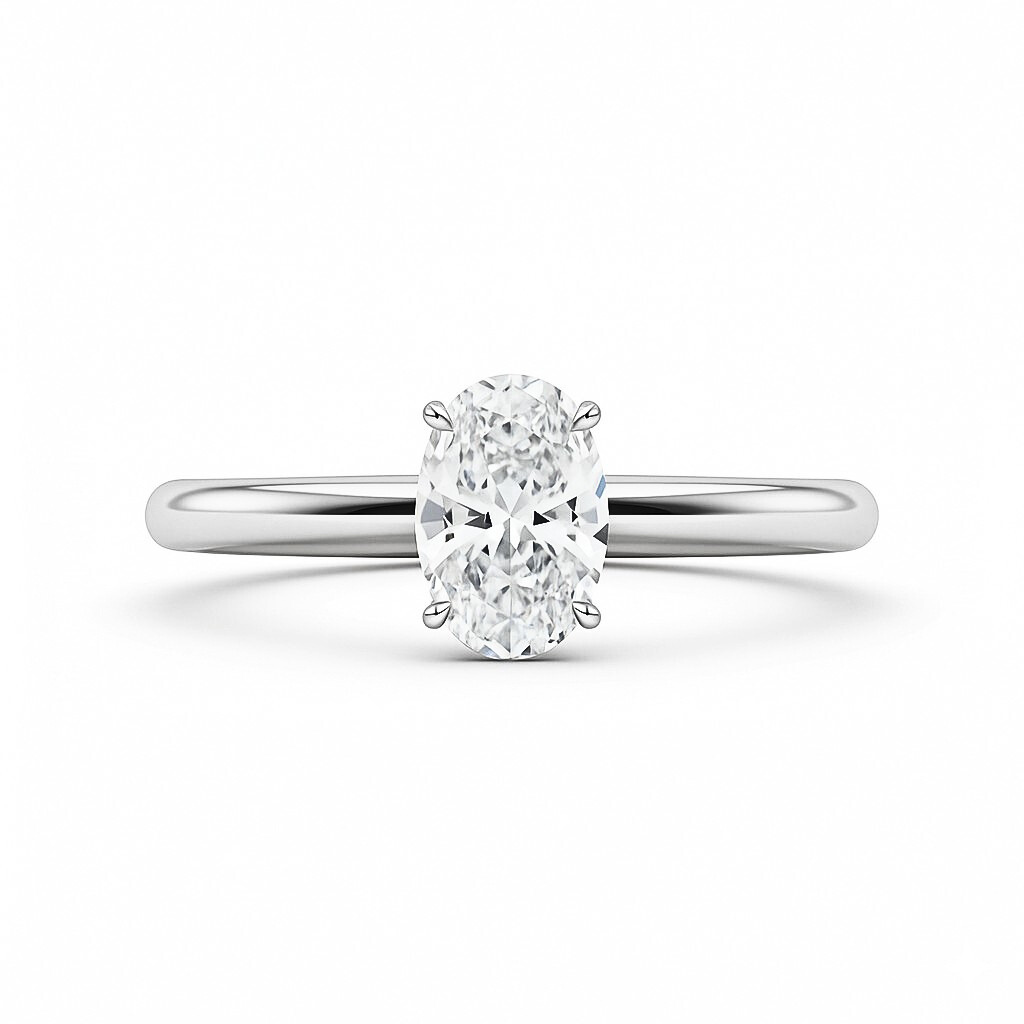 1ct oval moissanite ring on white background