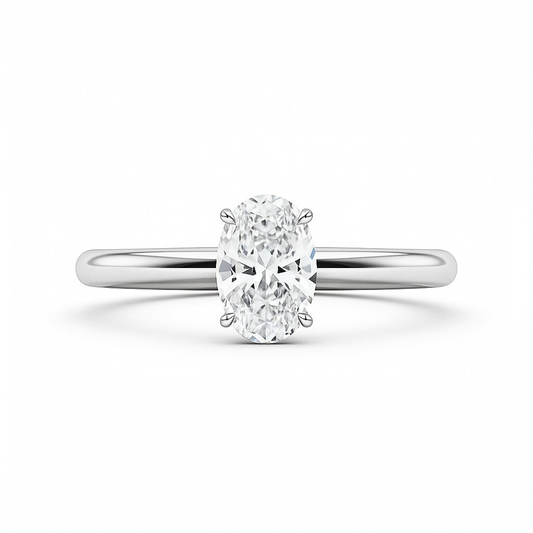 1ct oval moissanite ring on white background