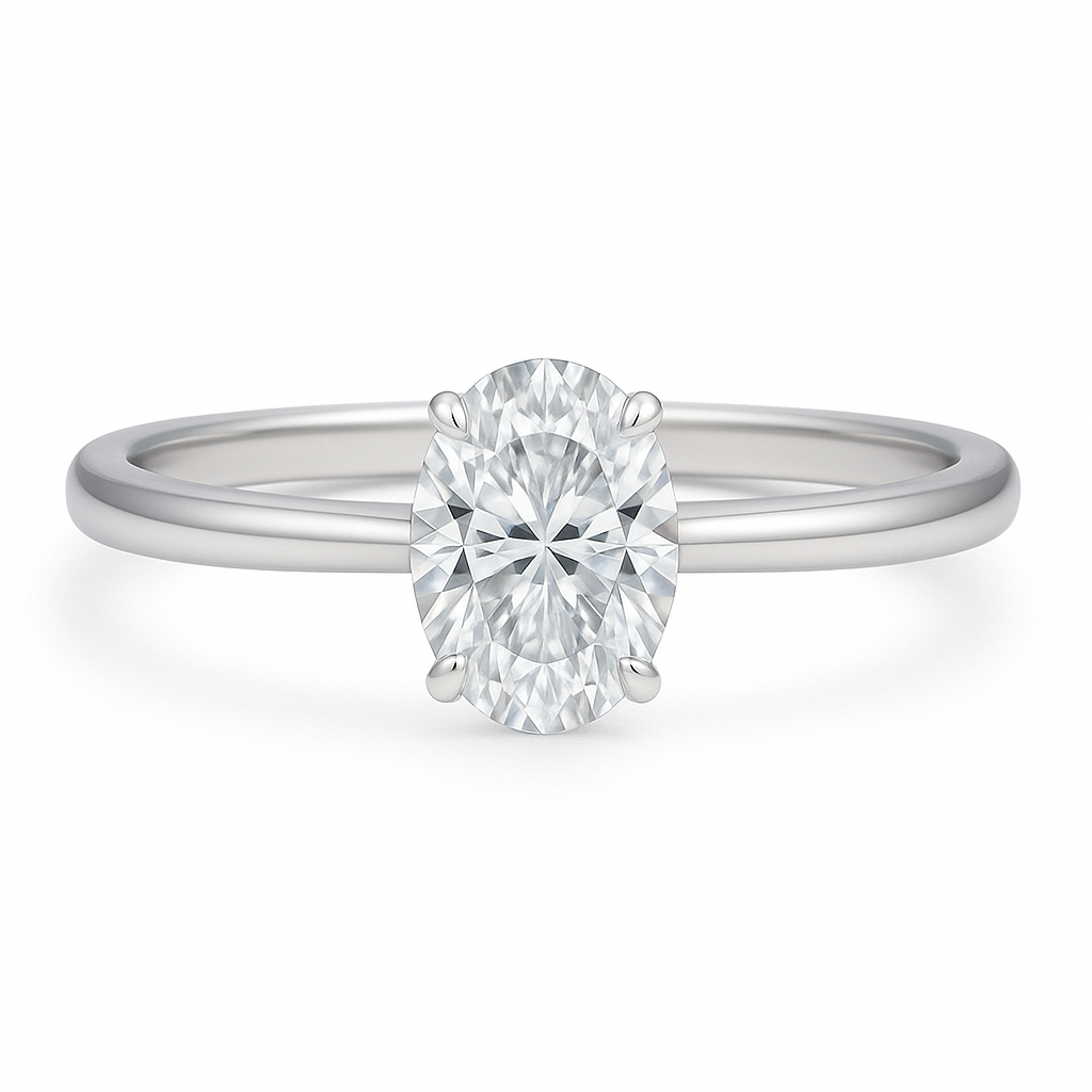 1ct oval moissanite ring on white background
