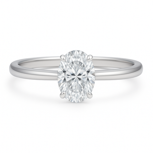1ct oval moissanite ring on white background