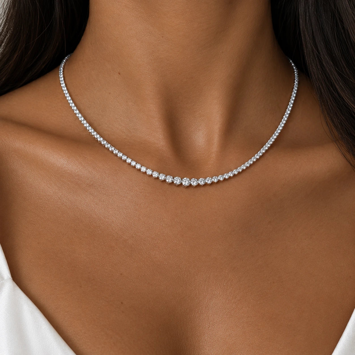graduated moissanite tennis necklace in 925 silver