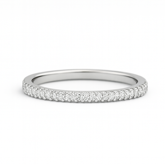 Silver moissanite half eternity ring on  white background