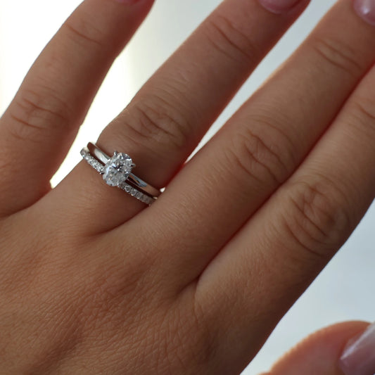 Half eternity moissanite band stacked with 1 ct oval silver moissanite engagement ring