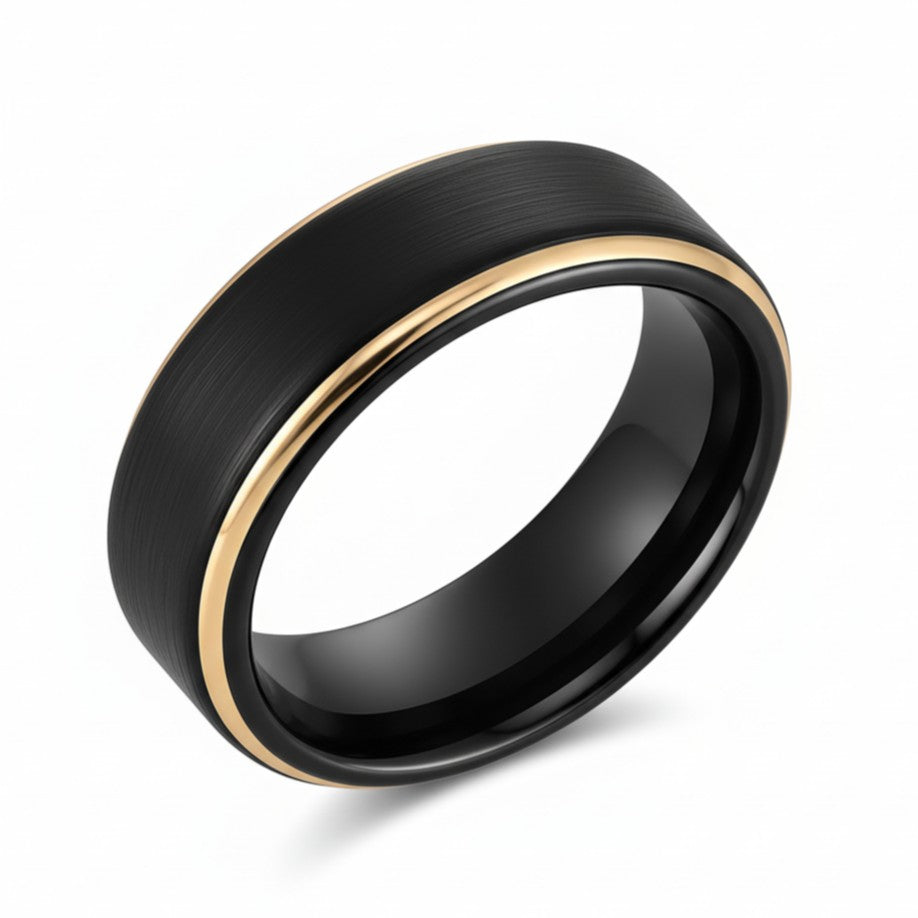 black and gold stepped edge mens ring