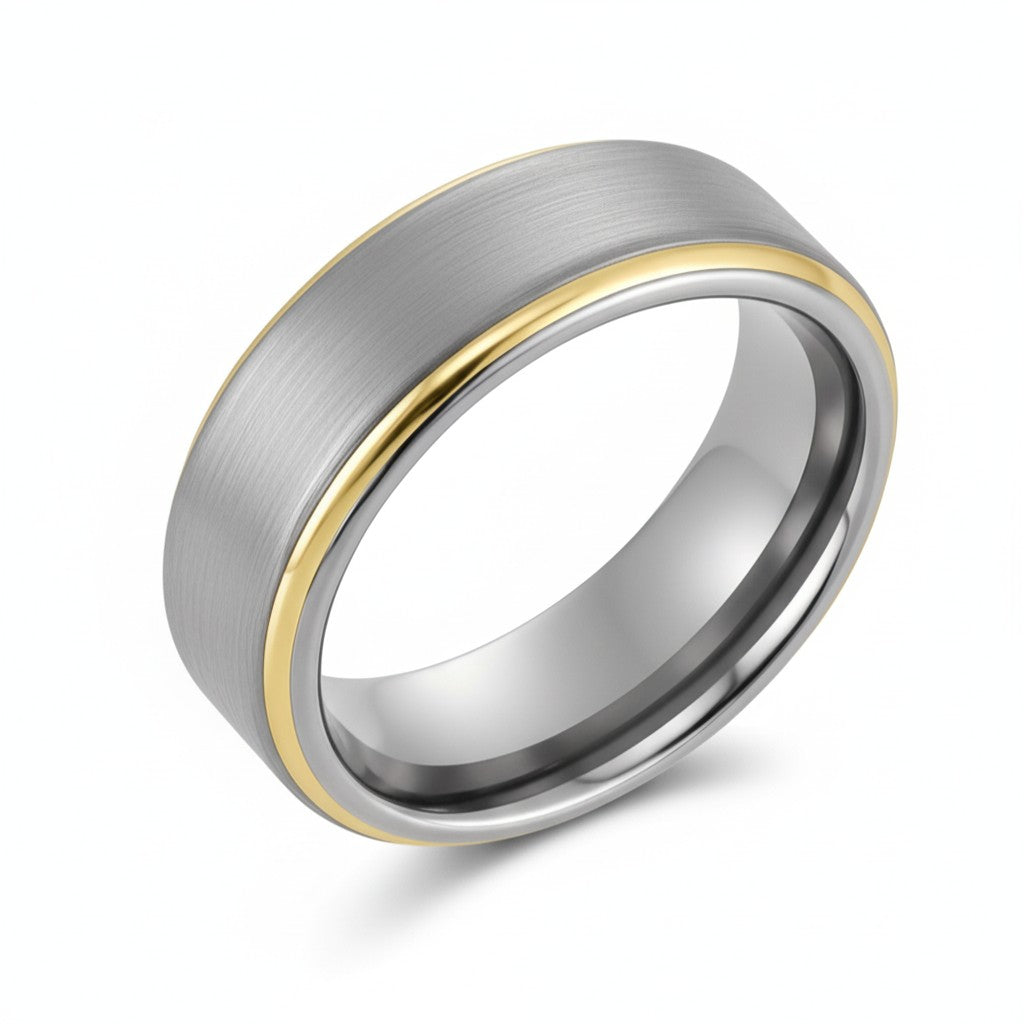 silver and gold stepped edge mens ring