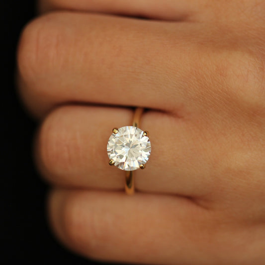 Gold ring with a 3ct round cut stone on a finger against a dark background