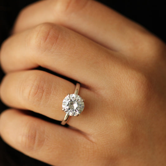 Close-up of a hand wearing a 3 ct round cut ring with a dark background