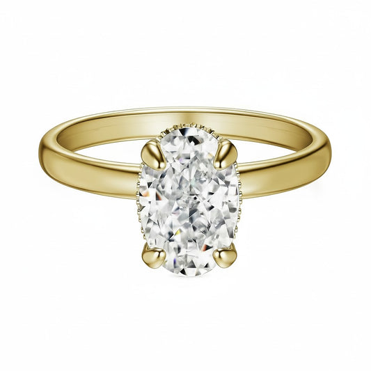 gold Oval ring with side halo on white background