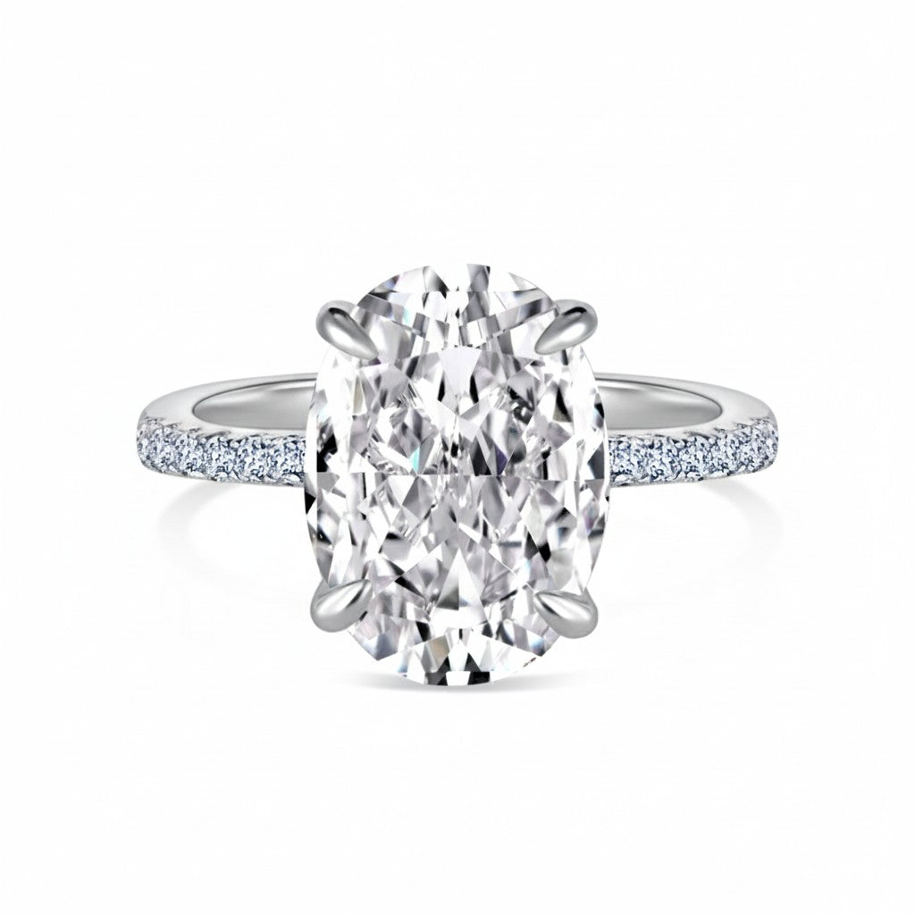 4 carat oval silver engagement ring with hidden halo