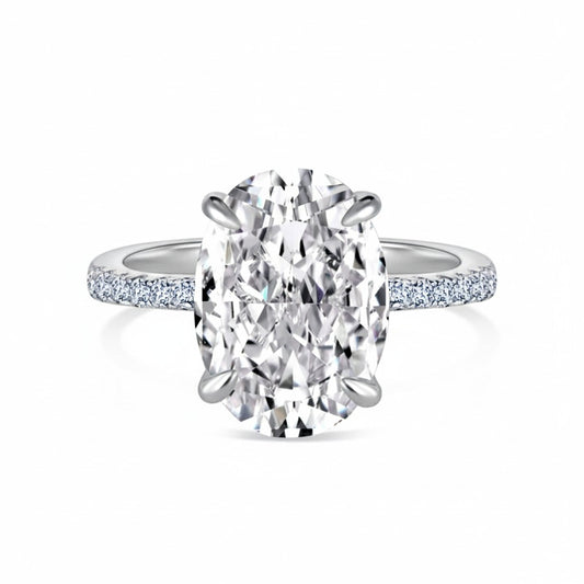 4 carat oval silver engagement ring with hidden halo