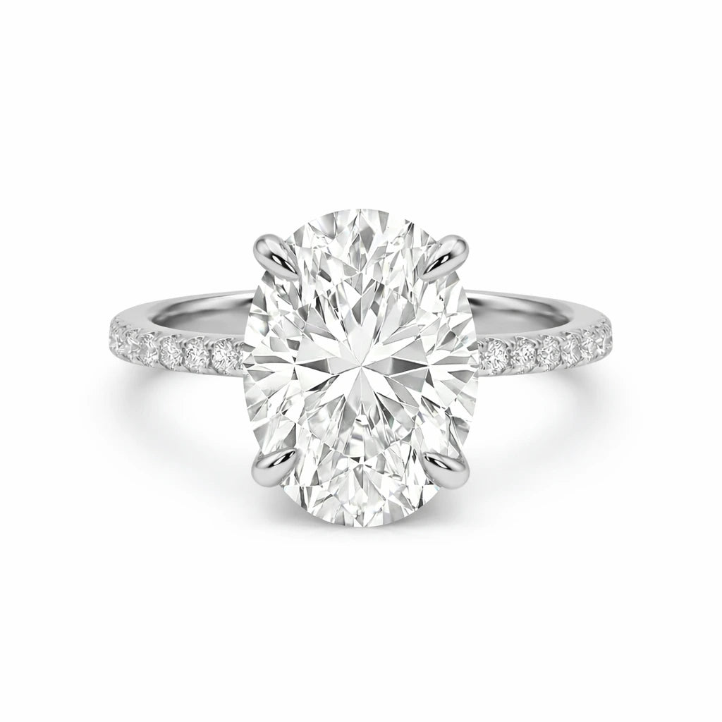 4 carat oval silver engagement ring with hidden halo