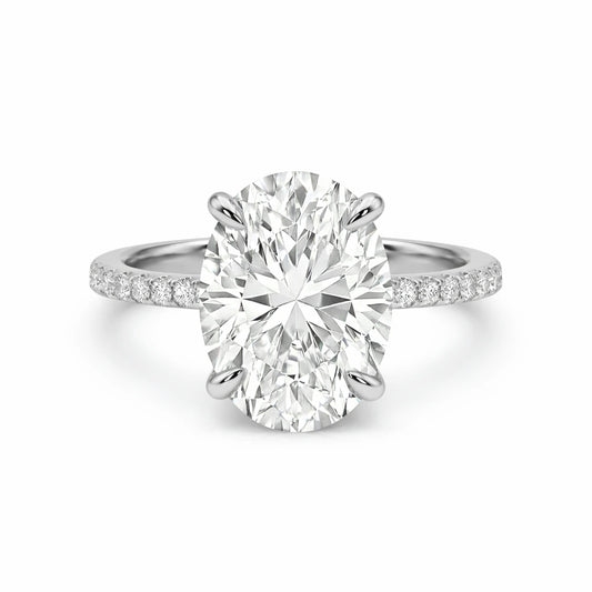 4 carat oval silver engagement ring with hidden halo