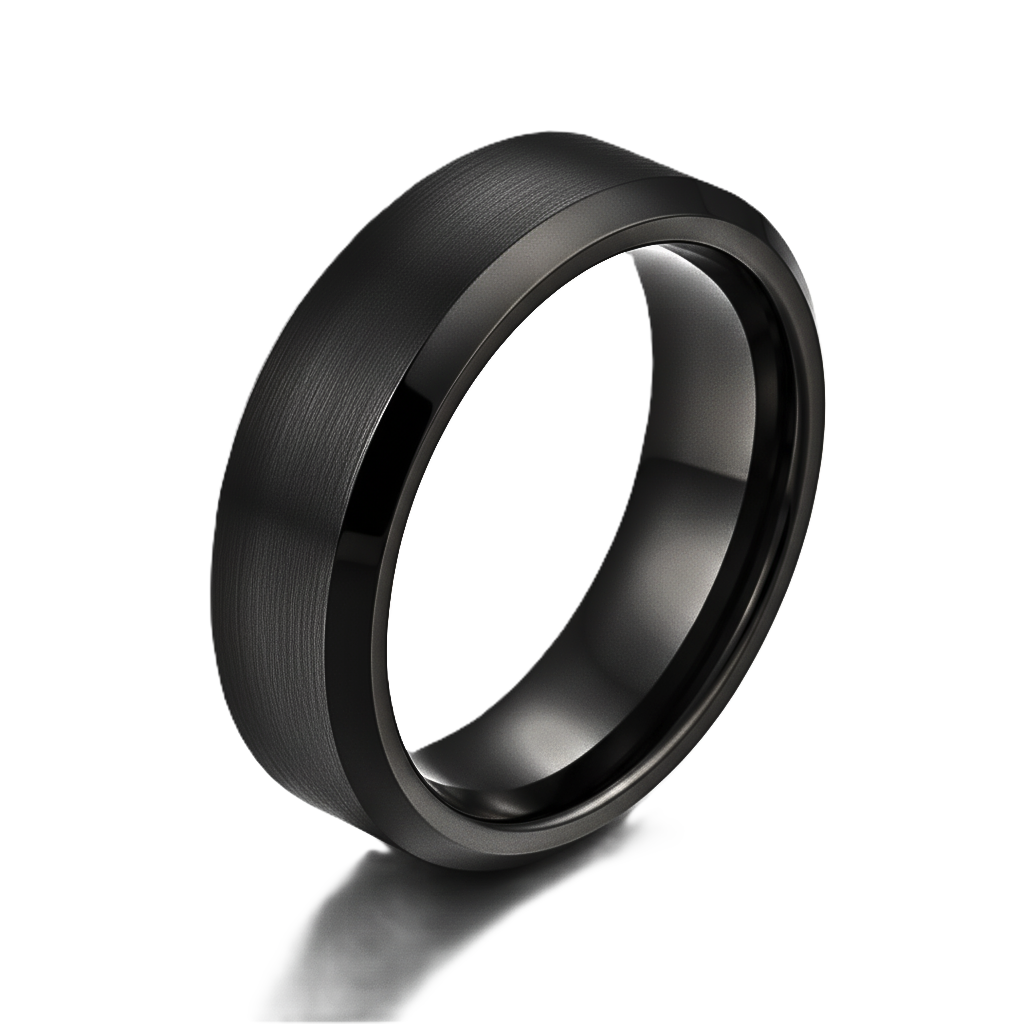 Mens Beveled Edge Black Ring 8mm