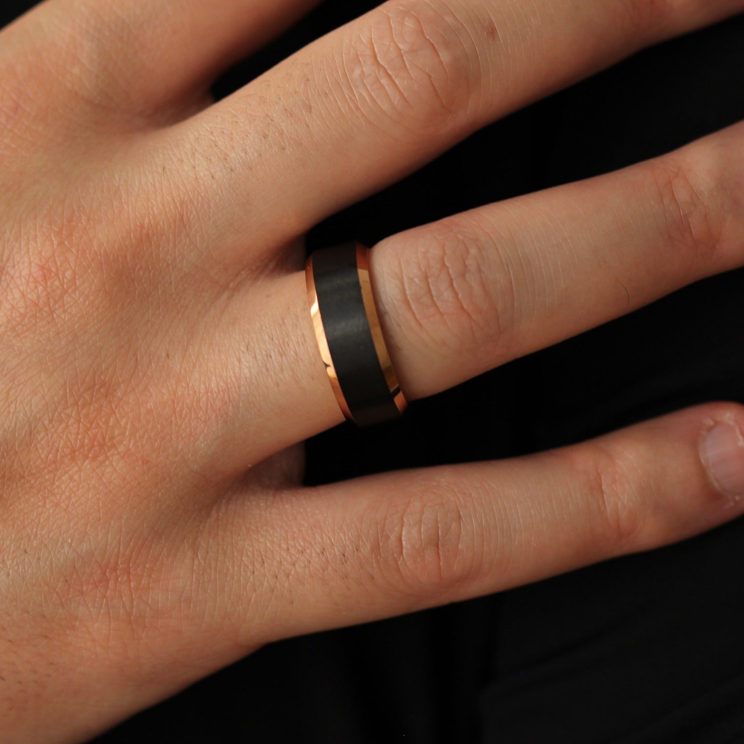 mens beveled edge black & rose gold ring