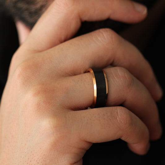 mens beveled edge black & rose gold ring