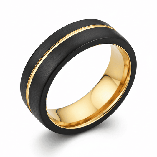 mens black and gold offset line ring