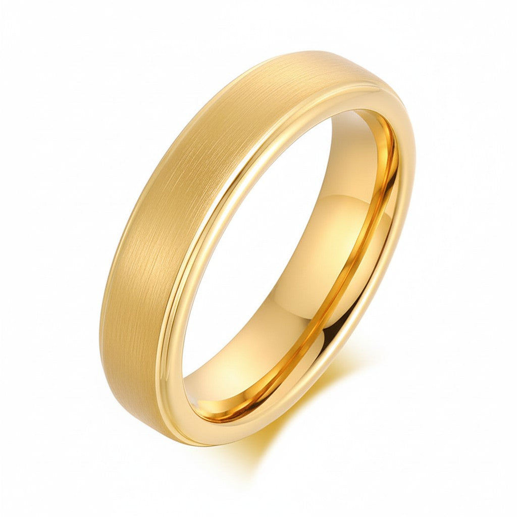 Mens brushed gold wedding band on white background